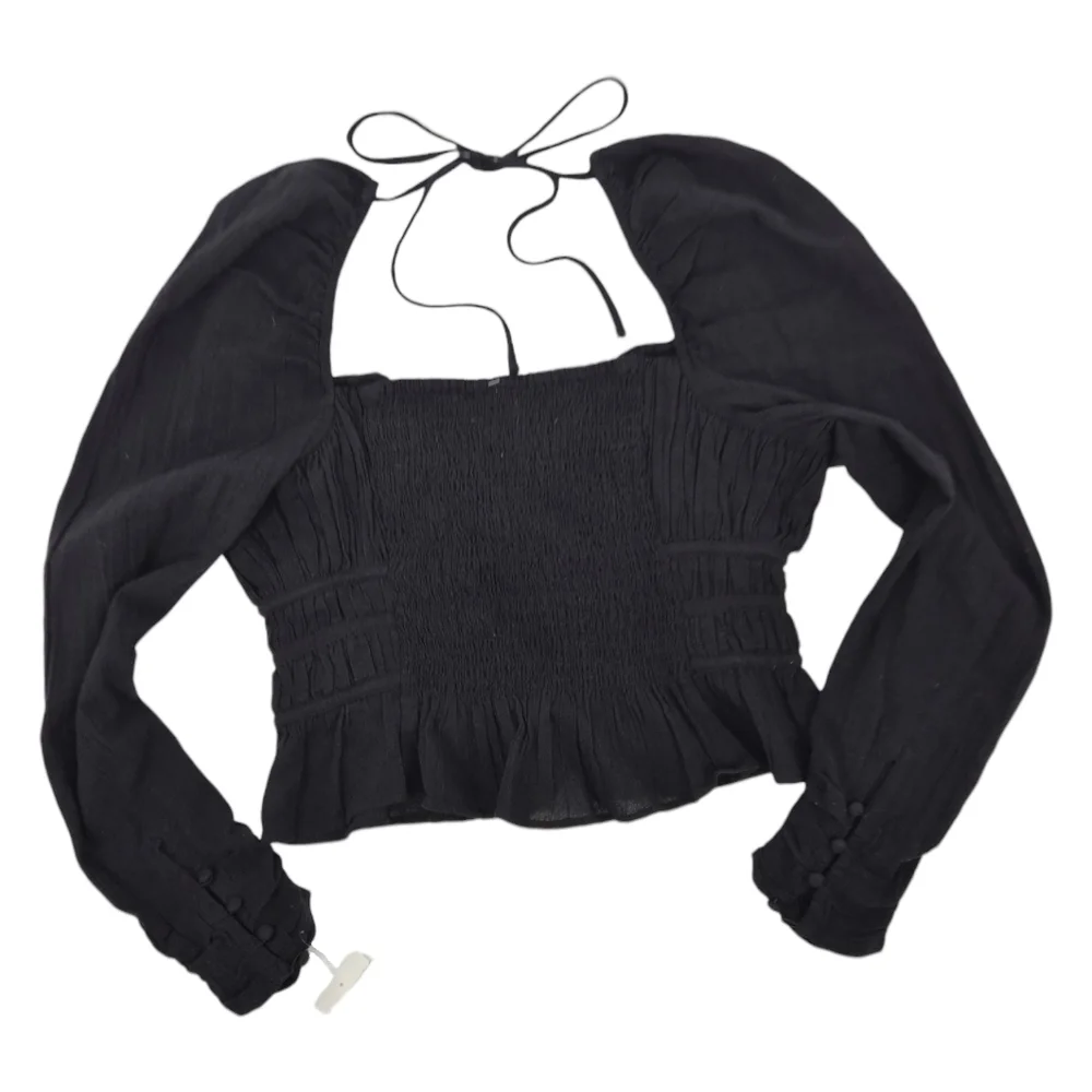 Free People Black soft cotton‎ gauze Long Sleeve Smocked Top